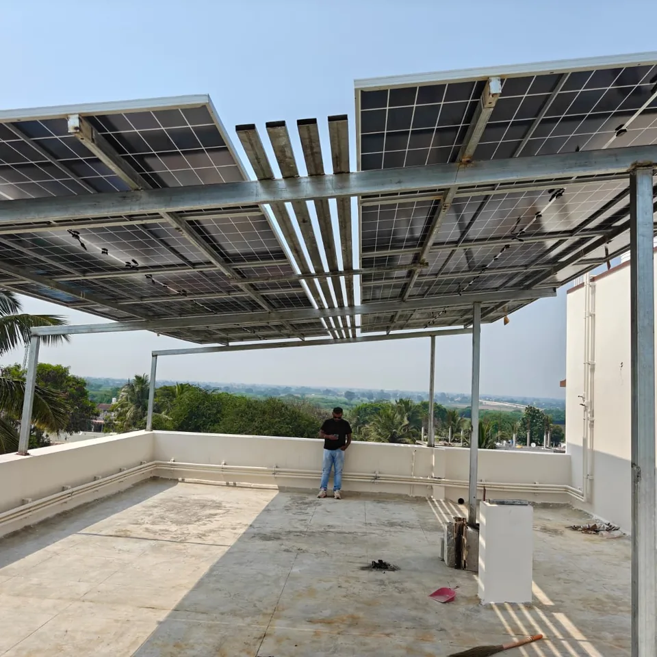 Elevated rooftop solar structure providing shaded terrace space